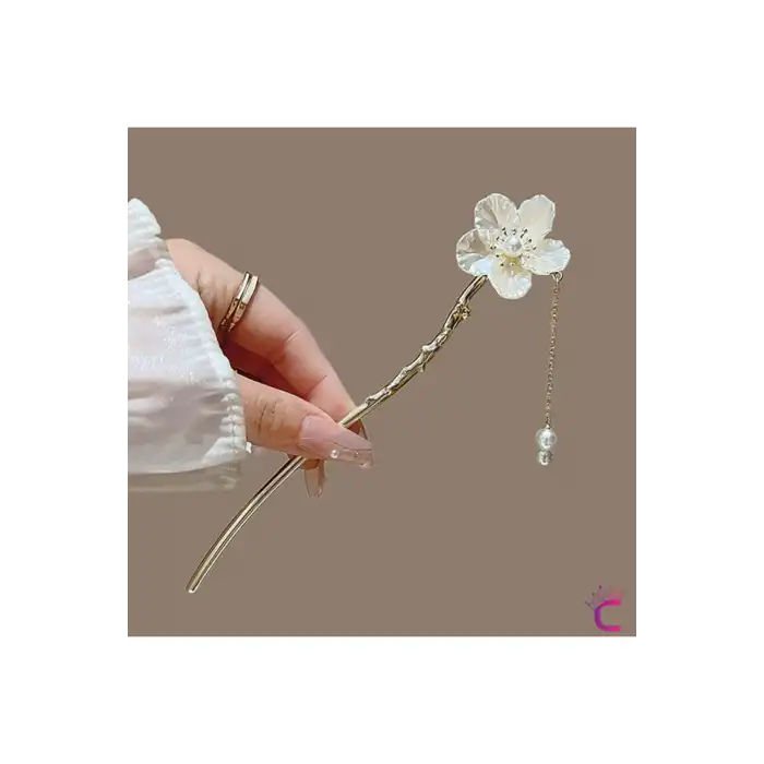 Zarif El Yapımı Beyaz Çiçekli Saç Topuz Tokası 17cm - Japon Topuz Çubuğu Metal Çubuk Toka
