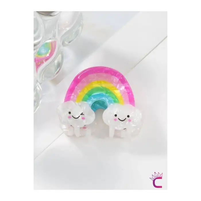 Gülen Yüz Bulutlu Gökkuşağı Asetat Kız Çocuk Mandal Toka - Hediyelik Saç Tokası Doğum Günü Hediyesi