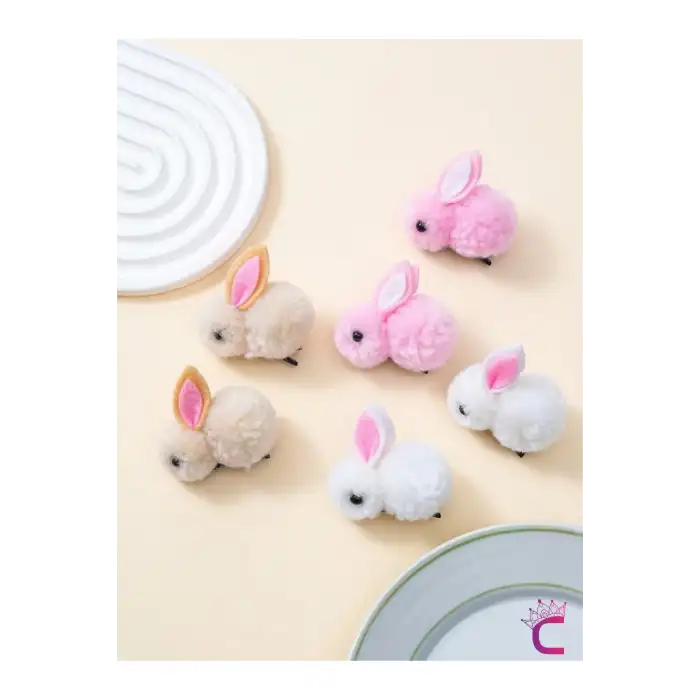 6lı Beyaz Pembe Bej Tavşanlı Yumuşak Astarlı Pens Toka Seti - Kız Bebek Çocuk Klipsli Saç Tokası