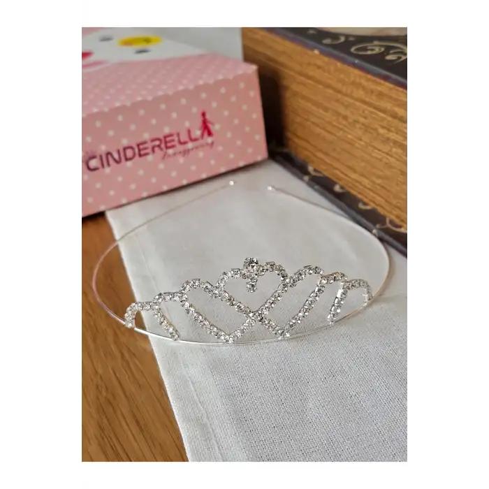 Kalpli Zirkon Taşlı Kız Çocuk Prenses Tacı Gümüş - Düğün Kına Parti Doğum Günü Taç Saç Bandı Tokası