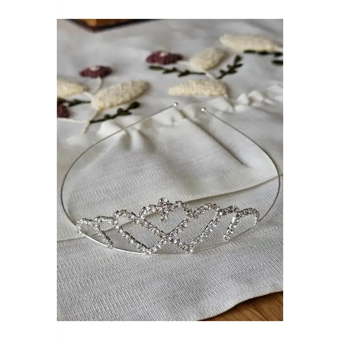 Kalpli Zirkon Taşlı Kız Çocuk Prenses Tacı Gümüş - Düğün Kına Parti Doğum Günü Taç Saç Bandı Tokası