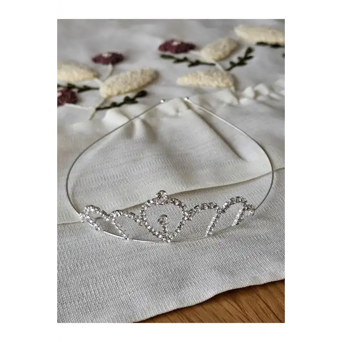 Su Damlası Zirkon Kristal Taşlı Kız Çocuk Prenses Tacı Gümüş - Düğün Doğum Günü Taç Saç Bandı Tokası