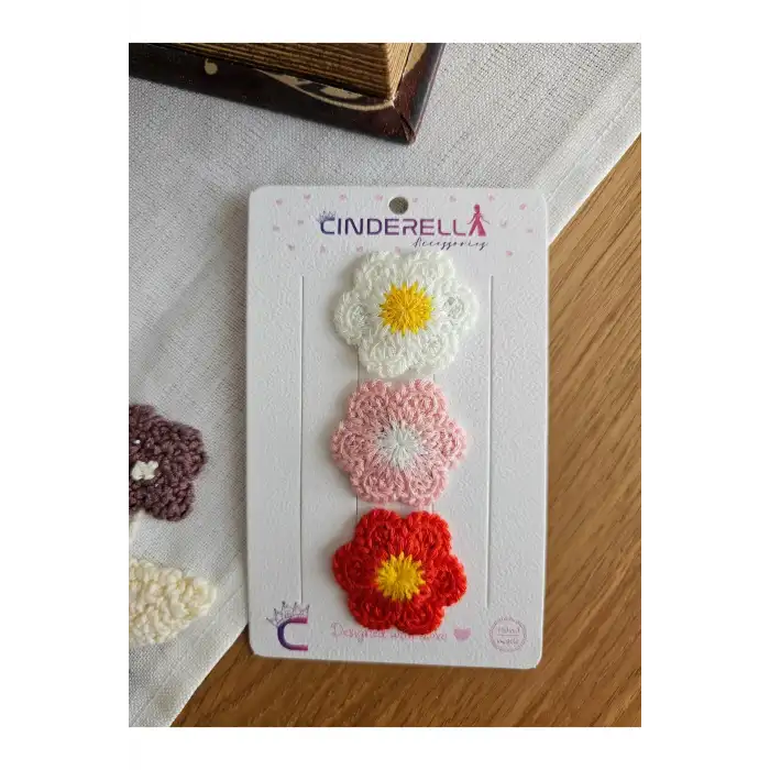 3lü Renkli Çiçekli Örgü El Yapımı Saçsız Bebek Tokası 3.5cm - Yenidoğan Az Saçlı Klipsli Toka Seti