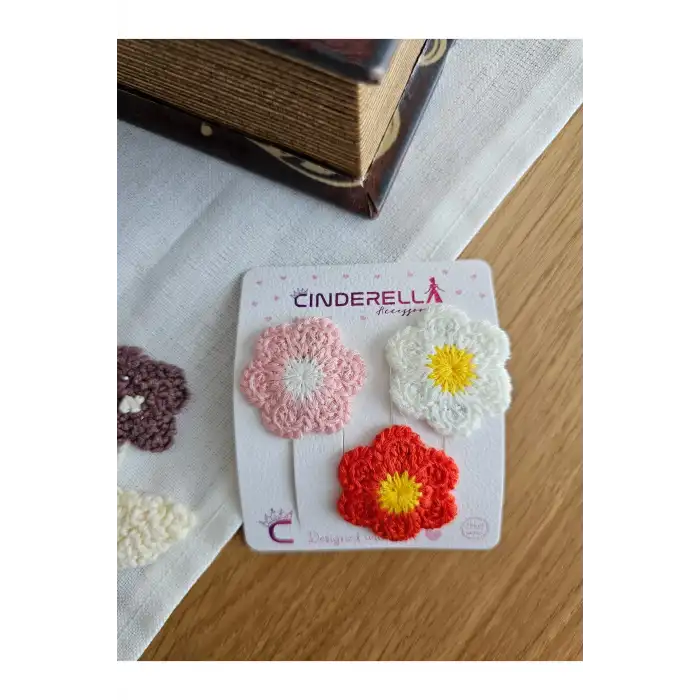3lü Renkli Çiçekli Örgü El Yapımı Saçsız Bebek Tokası 3.5cm - Yenidoğan Az Saçlı Klipsli Toka Seti