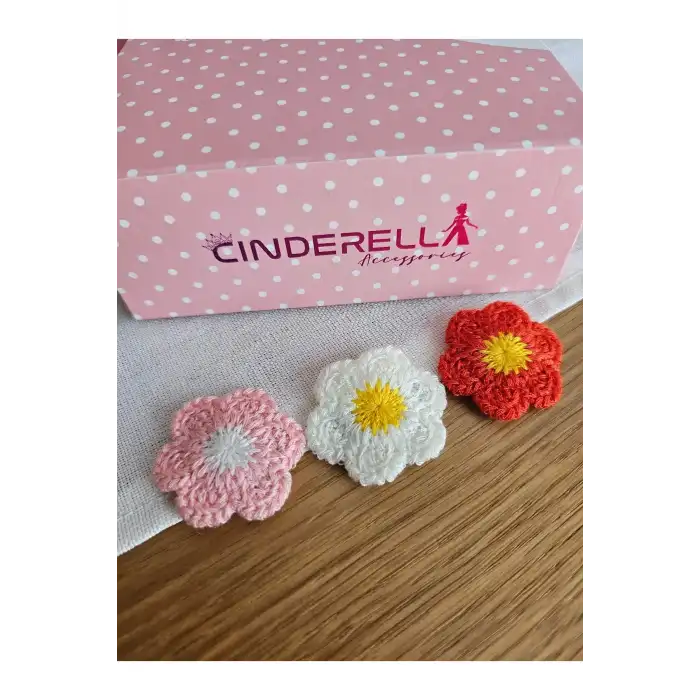 3lü Renkli Çiçekli Örgü El Yapımı Saçsız Bebek Tokası 3.5cm - Yenidoğan Az Saçlı Klipsli Toka Seti