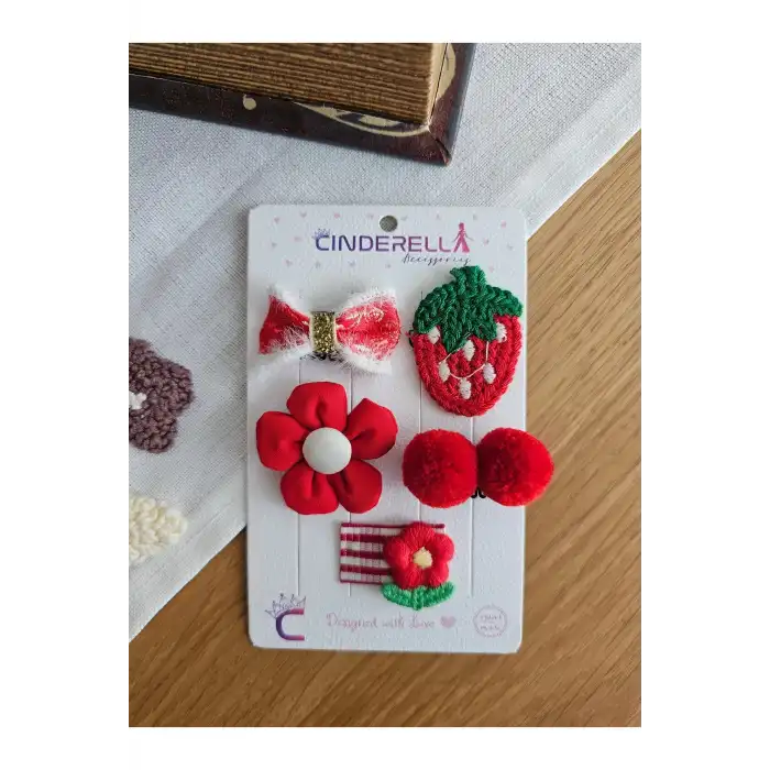 5li Kırmızı Çilek Ponpon Fiyonklu Saçsız Bebek Tokası - Hediyelik Yılbaşı Az Saçlı Bebek Toka Seti