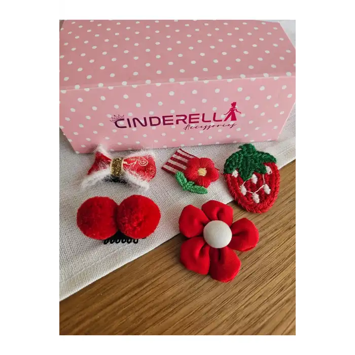 5li Kırmızı Çilek Ponpon Fiyonklu Saçsız Bebek Tokası - Hediyelik Yılbaşı Az Saçlı Bebek Toka Seti