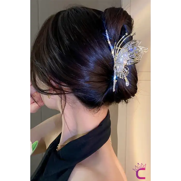 Zarif Zirkon Taşlı Kelebek Gold Metal Kadın Mandal Toka 11cm - Kelebekli Mandallı Saç Topuz Tokası