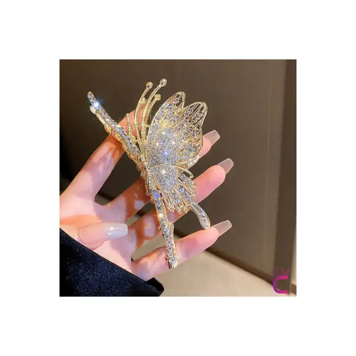 Zarif Zirkon Taşlı Kelebek Gold Metal Kadın Mandal Toka 11cm - Kelebekli Mandallı Saç Topuz Tokası