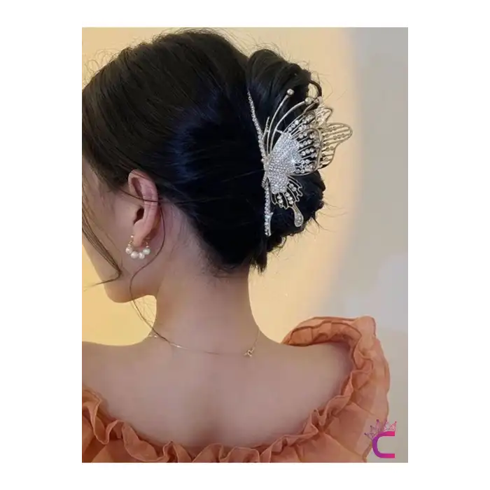 Zarif Zirkon Taşlı Kelebek Gold Metal Kadın Mandal Toka 11cm - Kelebekli Mandallı Saç Topuz Tokası