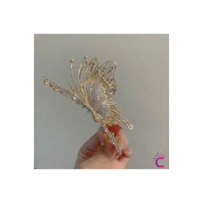 Zarif Zirkon Taşlı Kelebek Gold Metal Kadın Mandal Toka 11cm - Kelebekli Mandallı Saç Topuz Tokası