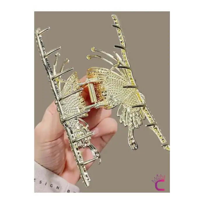 Zarif Zirkon Taşlı Kelebek Gold Metal Kadın Mandal Toka 11cm - Kelebekli Mandallı Saç Topuz Tokası