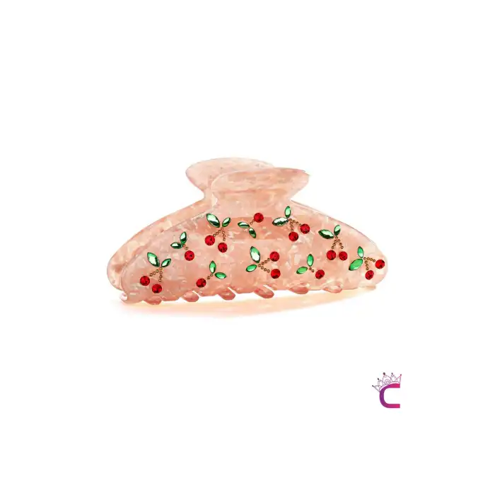 Zarif Taş Kiraz İşlemeli Pembe Mandal Toka 9cm - Akrilik Dayanıklı Kirazlı Mandallı Saç Tokası