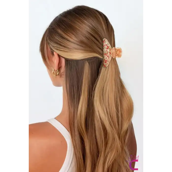 Zarif Taş Kiraz İşlemeli Pembe Mandal Toka 9cm - Akrilik Dayanıklı Kirazlı Mandallı Saç Tokası