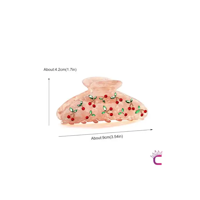 Zarif Taş Kiraz İşlemeli Pembe Mandal Toka 9cm - Akrilik Dayanıklı Kirazlı Mandallı Saç Tokası