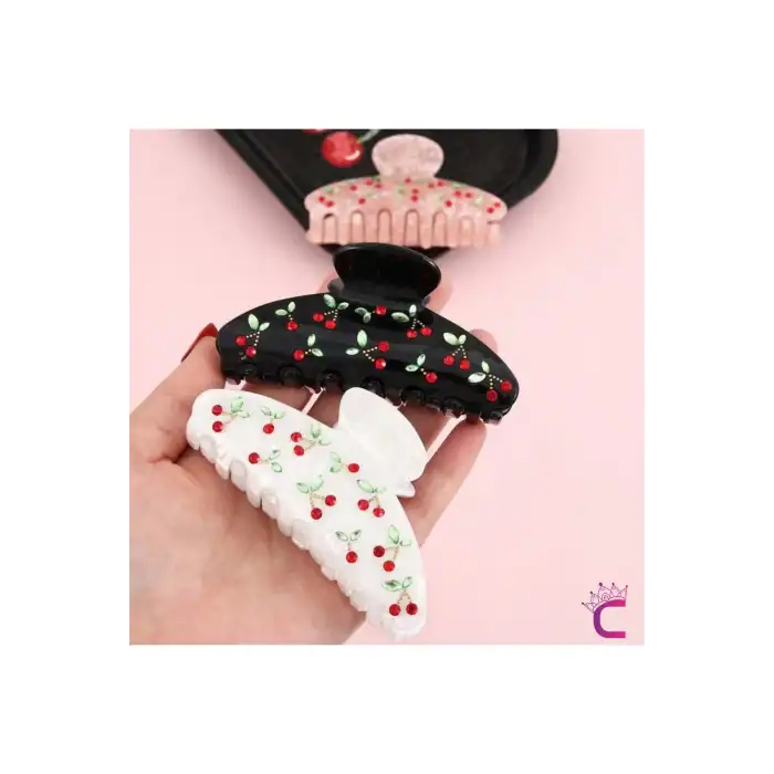 Zarif Taş Kiraz İşlemeli Pembe Mandal Toka 9cm - Akrilik Dayanıklı Kirazlı Mandallı Saç Tokası