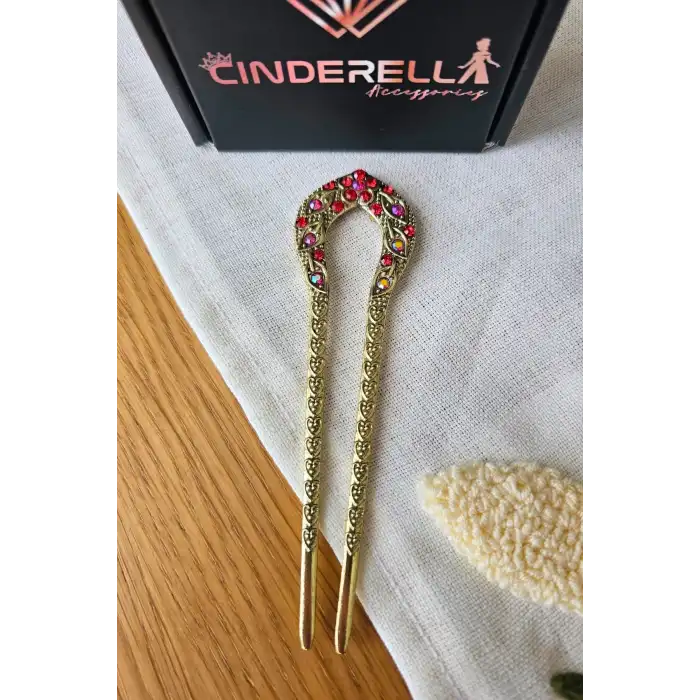 Kırmızı Taş İşlemeli Gold Metal Japon Topuz Tokası 12.5cm - Zarif Şık Kalpli Çubuk Toka Topuz Çubuğu