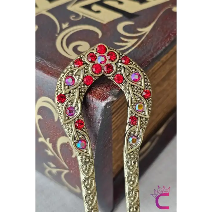 Kırmızı Taş İşlemeli Gold Metal Japon Topuz Tokası 12.5cm - Zarif Şık Kalpli Çubuk Toka Topuz Çubuğu