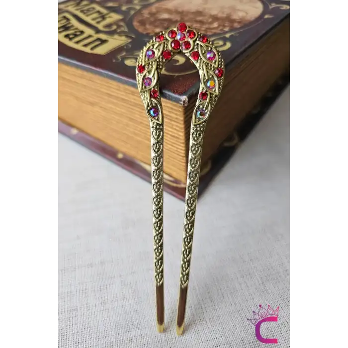 Kırmızı Taş İşlemeli Gold Metal Japon Topuz Tokası 12.5cm - Zarif Şık Kalpli Çubuk Toka Topuz Çubuğu