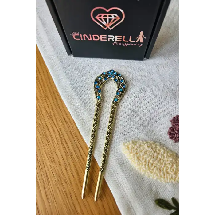 Japon Çin Tarzı Mavi Taş İşlemeli Topuz Tokası 12.5cm - Vintage Retro Topuz Çubuğu Metal Çubuk Toka