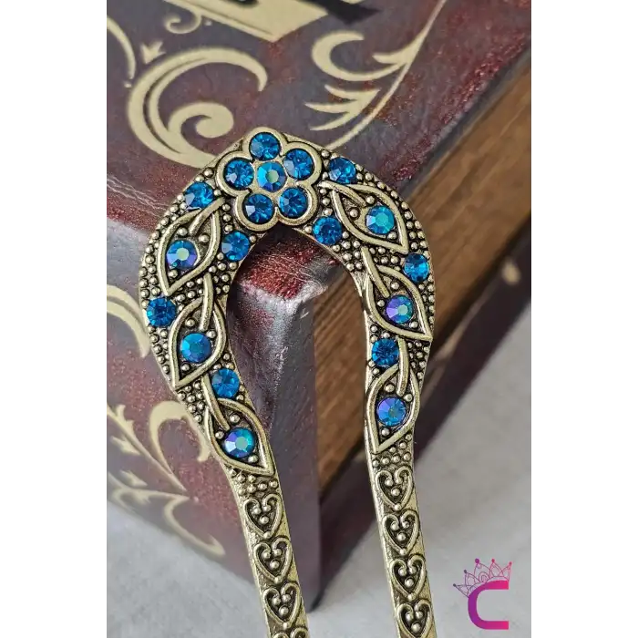 Japon Çin Tarzı Mavi Taş İşlemeli Topuz Tokası 12.5cm - Vintage Retro Topuz Çubuğu Metal Çubuk Toka