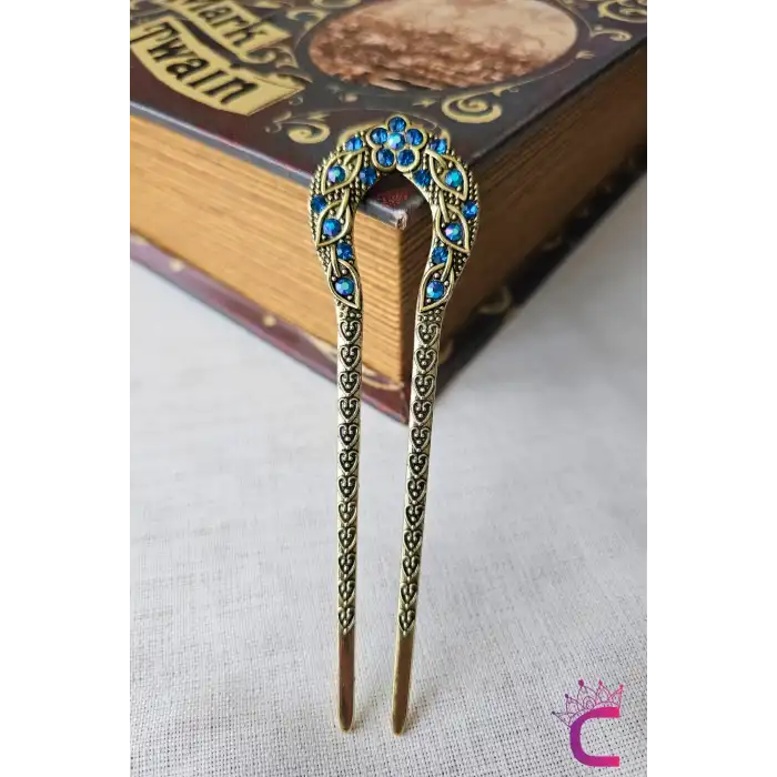 Japon Çin Tarzı Mavi Taş İşlemeli Topuz Tokası 12.5cm - Vintage Retro Topuz Çubuğu Metal Çubuk Toka