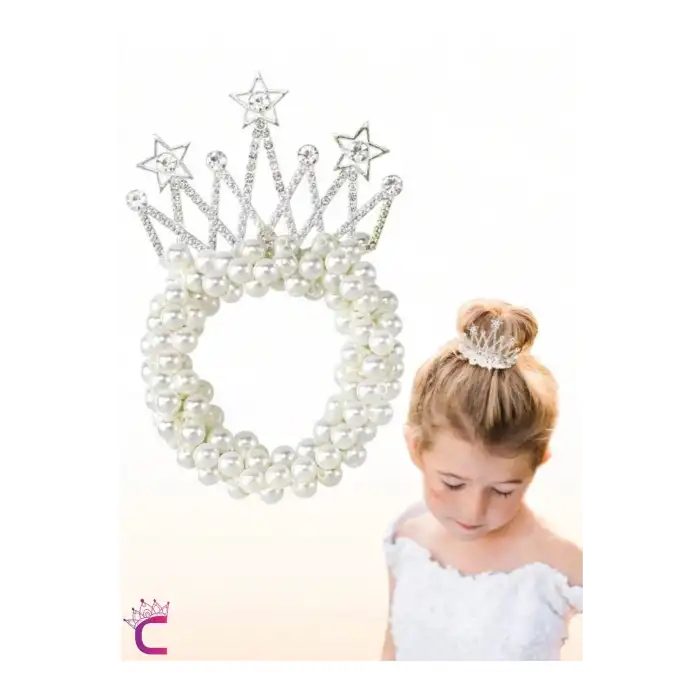 Prenses Taç İncili Yıldızlı Taşlı Lastikli Elastik Topuz Tokası - Kız Çocuk Tacı Doğum Günü Tokası