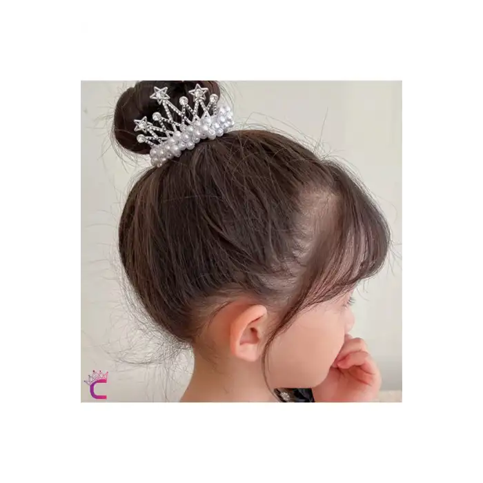 Prenses Taç İncili Yıldızlı Taşlı Lastikli Elastik Topuz Tokası - Kız Çocuk Tacı Doğum Günü Tokası