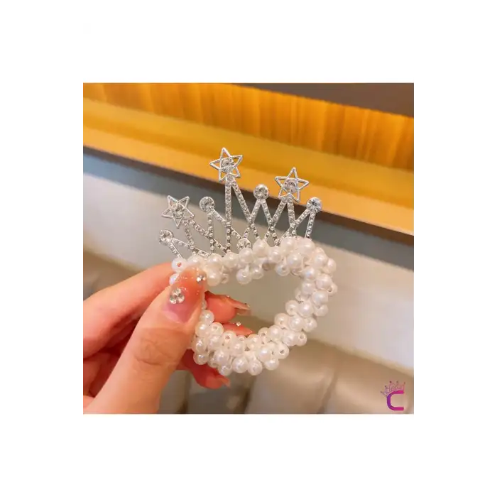 Prenses Taç İncili Yıldızlı Taşlı Lastikli Elastik Topuz Tokası - Kız Çocuk Tacı Doğum Günü Tokası