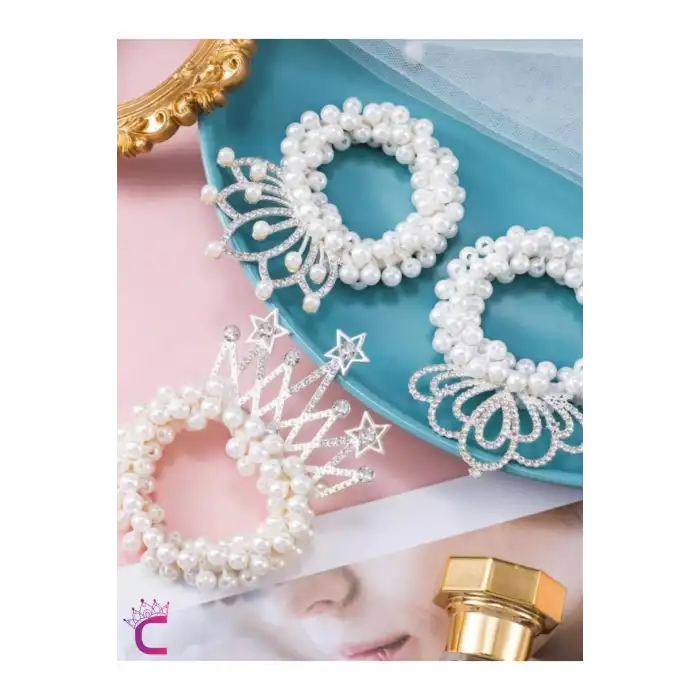 Prenses Taç İncili Yıldızlı Taşlı Lastikli Elastik Topuz Tokası - Kız Çocuk Tacı Doğum Günü Tokası