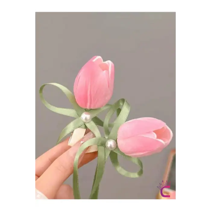 2li İnci Sarmaşıklı Pembe Lale Çiçekli Pens Toka Seti - Zarif Hediyelik Klipsli Saç Süsü Tokası