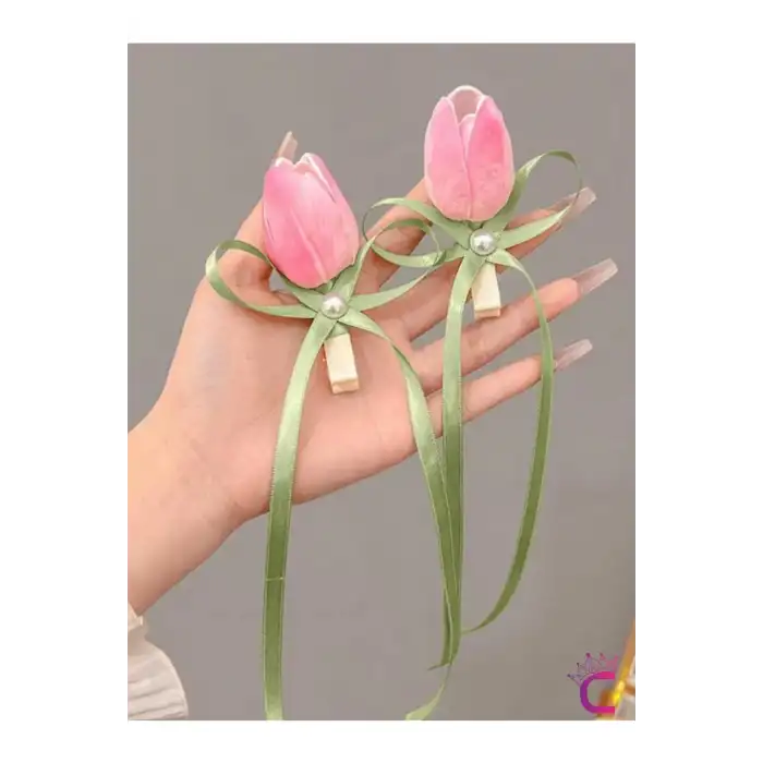 2li İnci Sarmaşıklı Pembe Lale Çiçekli Pens Toka Seti - Zarif Hediyelik Klipsli Saç Süsü Tokası