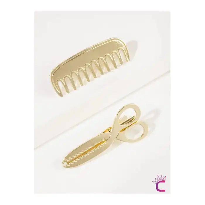 Makas ve Tarak Tasarım Metal Gold Pens Toka Seti 5cm - Yaratıcı Y2k Klipsli Yan Saç Tokası