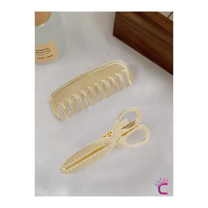 Makas ve Tarak Tasarım Metal Gold Pens Toka Seti 5cm - Yaratıcı Y2k Klipsli Yan Saç Tokası