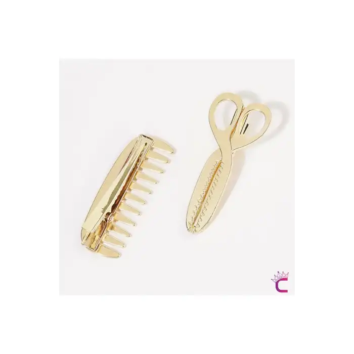 Makas ve Tarak Tasarım Metal Gold Pens Toka Seti 5cm - Yaratıcı Y2k Klipsli Yan Saç Tokası