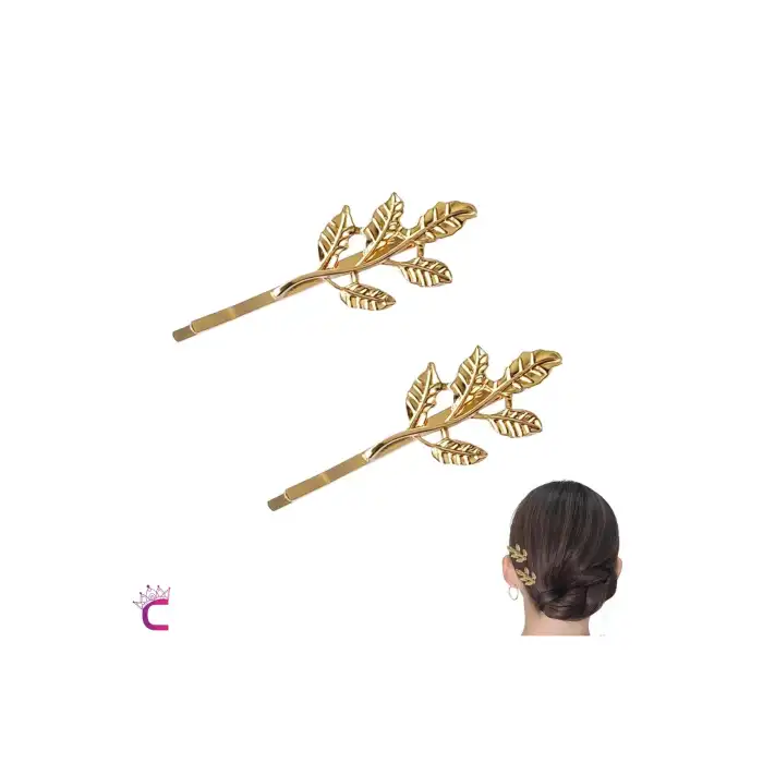 2li Dal Yaprak Tasarım Gold Metal Tel Toka 6cm- Klipsli Yan Saç Tokası Düğün Nikah Gelin Aksesuar