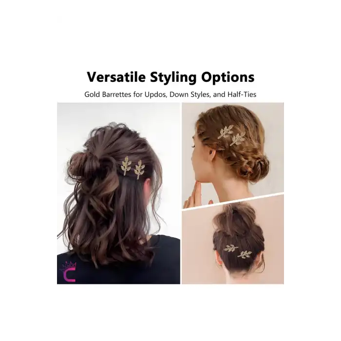 2li Dal Yaprak Tasarım Gold Metal Tel Toka 6cm- Klipsli Yan Saç Tokası Düğün Nikah Gelin Aksesuar