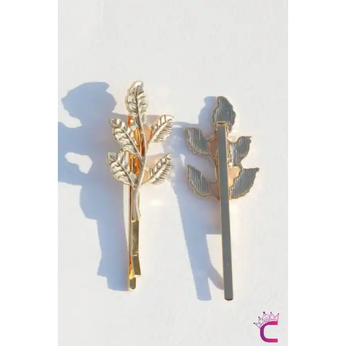 2li Dal Yaprak Tasarım Gold Metal Tel Toka 6cm- Klipsli Yan Saç Tokası Düğün Nikah Gelin Aksesuar