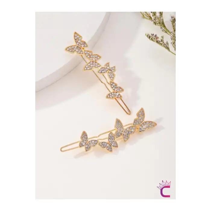 2li Zirkon Taşlı Gold Kelebekli Kıstırmalı Yan Saç Tokası 6cm - Modern Topuz Tokası Klipsli Toka
