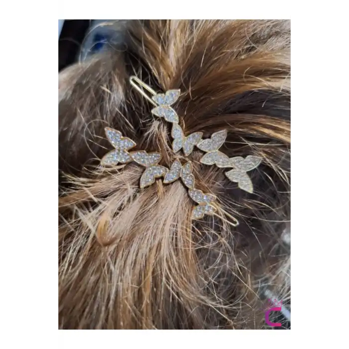 2li Zirkon Taşlı Gold Kelebekli Kıstırmalı Yan Saç Tokası 6cm - Modern Topuz Tokası Klipsli Toka