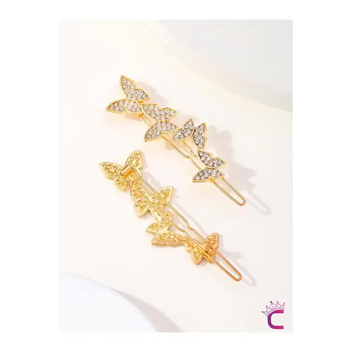 2li Zirkon Taşlı Gold Kelebekli Kıstırmalı Yan Saç Tokası 6cm - Modern Topuz Tokası Klipsli Toka