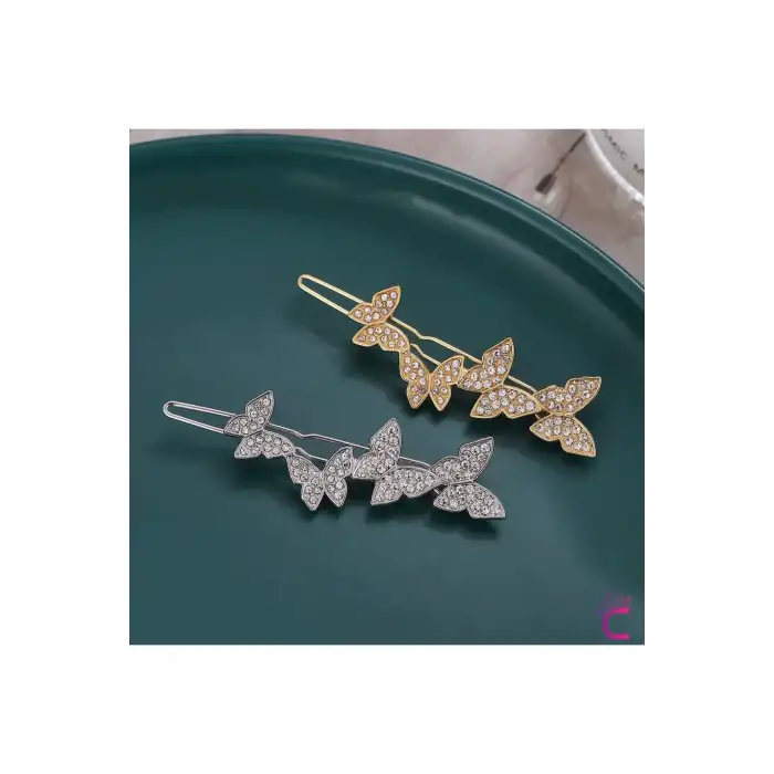2li Zirkon Taşlı Gold Kelebekli Kıstırmalı Yan Saç Tokası 6cm - Modern Topuz Tokası Klipsli Toka