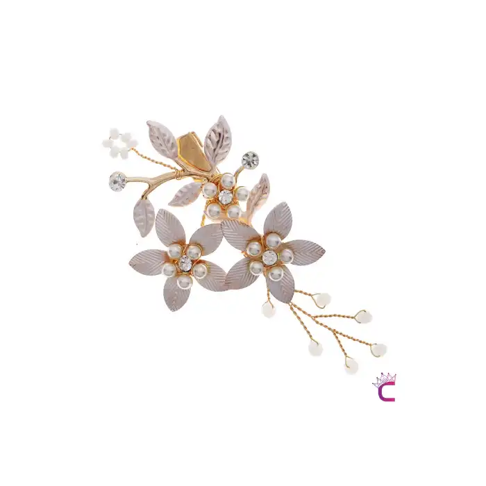 Beyaz Gold Yapraklı Taşlı İncili Çiçekli Pens Gelin Tokası Tacı - Düğün Nişan Nikah Saç Aksesuarı