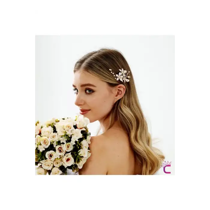 Beyaz Gold Yapraklı Taşlı İncili Çiçekli Pens Gelin Tokası Tacı - Düğün Nişan Nikah Saç Aksesuarı