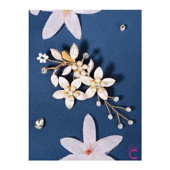 Beyaz Gold Yapraklı Taşlı İncili Çiçekli Pens Gelin Tokası Tacı - Düğün Nişan Nikah Saç Aksesuarı