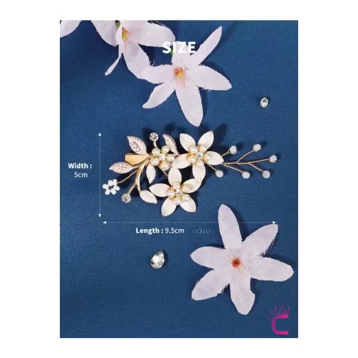 Beyaz Gold Yapraklı Taşlı İncili Çiçekli Pens Gelin Tokası Tacı - Düğün Nişan Nikah Saç Aksesuarı