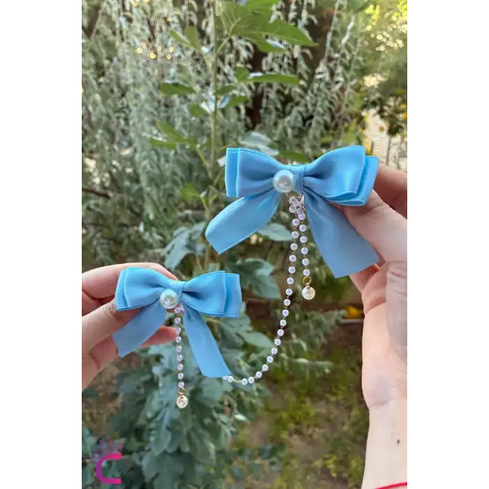 2li İncili Sallantılı Bebek Mavi Fiyonk Pens Toka Seti - Şık Kız Çocuk Kurdeleli Klipsli Saç Tokası