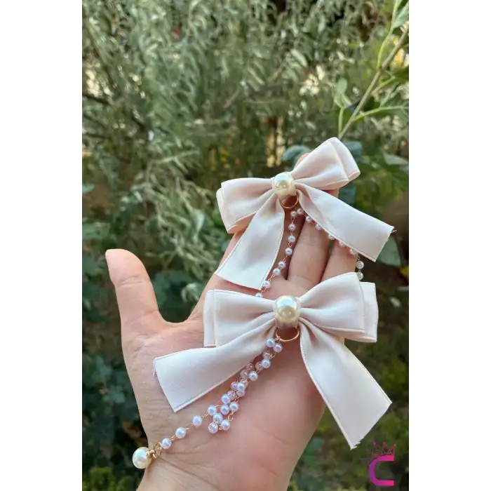 2li İncili Sallantılı Krem Fiyonk Pens Toka Seti - Zarif Kız Çocuk Kurdeleli Klipsli Saç Tokası