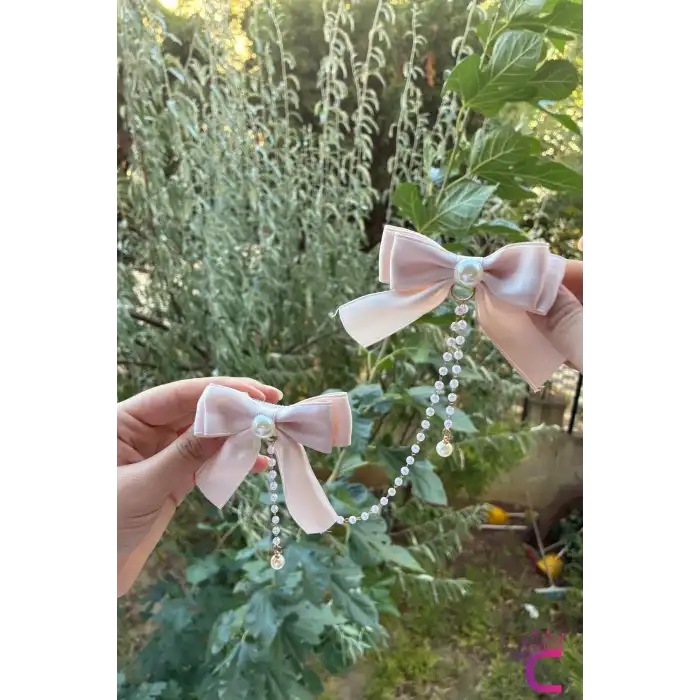 2li İncili Sallantılı Krem Fiyonk Pens Toka Seti - Zarif Kız Çocuk Kurdeleli Klipsli Saç Tokası