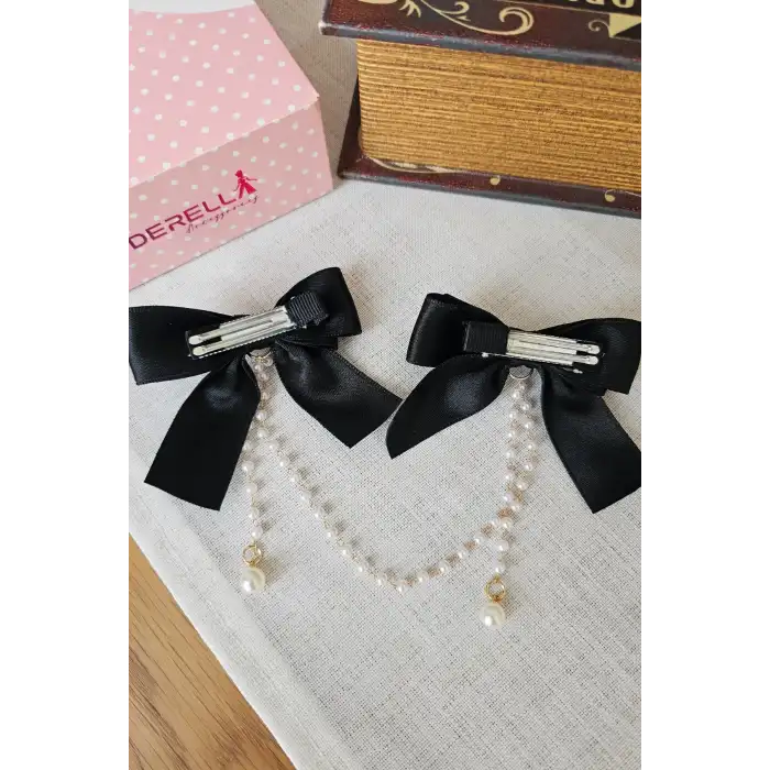 2li İncili Sallantılı Krem Fiyonk Pens Toka Seti - Zarif Kız Çocuk Kurdeleli Klipsli Saç Tokası